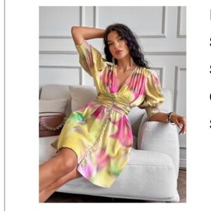 Multicolor Button Front Ruched Detail Dress